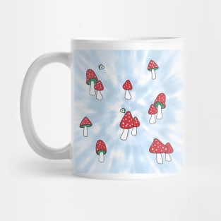 Aesthetic Red Hatted Mushrooms and Butterflies on a Light Blue Pastel Tie Dye Background Mug